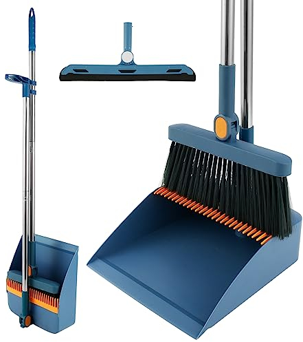 Besen Set 3 teiliges Besen und Kehrschaufel mit langem stiel verlängerbarer Besen Bodenschaber Aufrecht Besen und Schaufel Combo handbesen und Schaufel für Bodenreinigung (Blau)