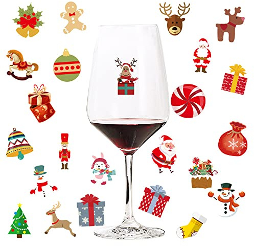 96 pennarelli natalizi per bicchieri di vino, adesivi statici rimovibili di Babbo Natale, alci, campane, etichette per bottiglie di vino per feste di Natale, champagne, cocktail, vino, forniture per