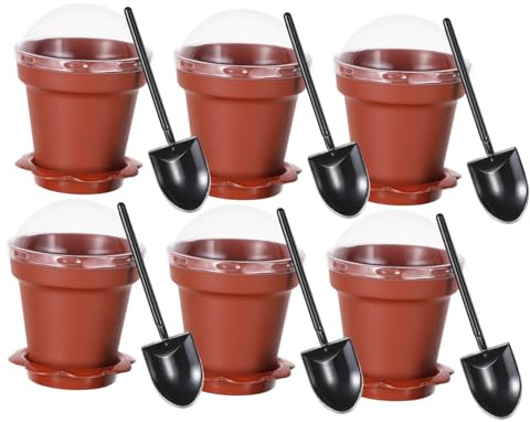 FELTECHELECTR Flowerpot Dessert Cups 10Pcs with Lid Shovel Tray Plastic Reusable Yogurt Containers for Ice Cream Cheesecake Shooters Parties