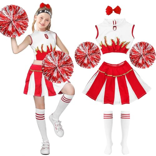Cheerleader Kostüm Kinder,Kinderkostüm Cheerleader,Cheerleadering Outfit Mädchen mit Pompons Socken Haarzubehör,Mädchen Cheerleader Kostüm,Kinder Cheerleading Outfit Karneval Halloween Rollenspiele