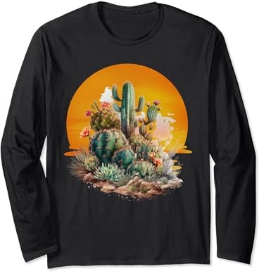 Retro Vintage Saguaro Cactus Opuntia Cactaceae Sunset Long Sleeve T-Shirt