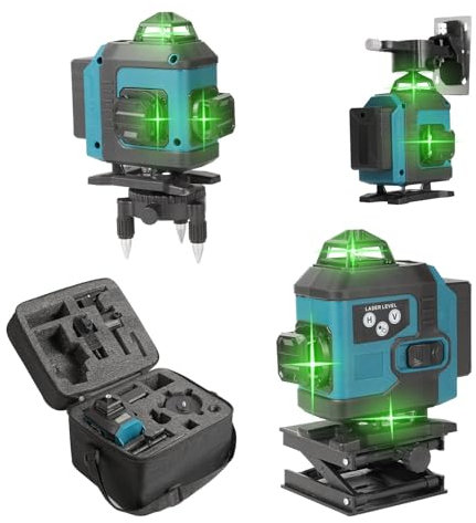 Kreuzlinienlaser Grün 16 Linien, 4 x 360 °Laser Wasserwaage Selbstnivellierend, Multifunktionaler 4D-Laser mit Wiederaufladbarer Batterie, Innen- und Außenbereich Baustelle (Blau 2*Batterie)