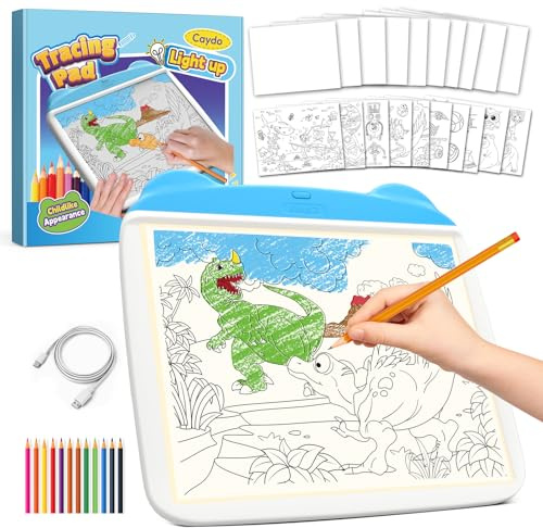 Caydo Light Up Tracing Pad, 3 Helligkeitsstufen Kinder Licht Bord für Zeichnung, Augenschutz, Kinderspielzeug, Typ-C & Batterieversorgung, Geburtstag & Urlaub Geschenk für Jungen im Alter von 6 7 8 +