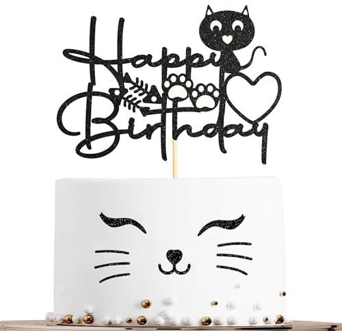 Sotpot Tortenaufsatz mit Katzen-Cartoon-Motiv Happy Birthday, 1 Stück, schwarzer Glitzer, für Babygeburtstag, Kuchendekoration für Katze, Kätzchen, Babyparty, Kindergeburtstag, Dekoration