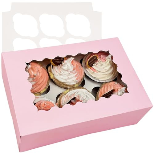 Gcardist Automatic Popup 6 Cupcake Boxes with Window Pink Pack of 12 Cupcake Boxes 23.87 x 15.49 x 7.62 cm Bakery Boxes for Cupcake Carriers, Cupcake Containers (9.4 x 6.1 x 3 inches)