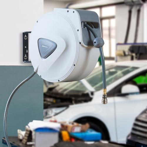 pro.tec Manguera Aire Comprimido 20 + 2 m Enrollador de Manguera de Aire Comprimido Carrete de Manguera Neumática para Pared Giratorio 180° Plástico PVC 45 x 21 x 34 cm- Blanco/Gris