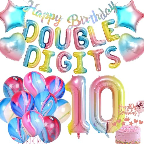 10th Birthday Banner Decorations Girl - Colorful Double Digits Balloons Decor Set, Rainbow Happy Birthday Banner Foil and Latex Balloon Cake Topper for 10 Years Old Party Supplies