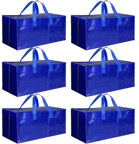 HealSmart 6-pack extra stora flyttväskor med dragkedjor och bärhandtag, kraftiga förvaringsväskor flyttlådor för sovsalar nödvändigheter förvaringsväskor, blå