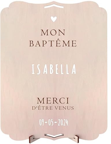 nagu® Baptême Décoration | Panneau Personnalisé en Bois 30x22 cm | Poster Baptême Fille ou Garçon avec Lettres Autocollantes | Pancarte avec Support & Trou pour Accrocher