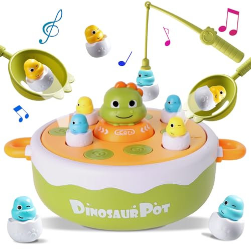 4 IN 1 Kinder Magnetisches Angelspiel, Brettspiel Pop Up Dinosaurier Spiel, Fische Angeln Drehscheibe Musik Spielzeug, Tic Tac Toe, Bowling, Lernspielzeug ab 2 3 4 5 Jahren Geschenk Junge Mädchen