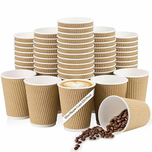 Maxland100 x Kraft 12oz Ounce Ripple 3 Ply Disposable Insulated Paper Cups for Tea Coffee Cappuccino Hot Drinks, Brown No Lids Ideal for Takeaways