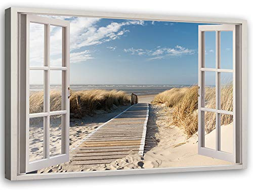 Feeby Leinwand Bilder - Fensterblick Strand Meer Natur - Vlies 45x30 cm - Deko Wohnzimmer - Wandbilder Schlafzimmer - Deko Aesthetic - Wand Deko - Leinwand Groß - Deko Zimmer - Leinwandbilder XXL