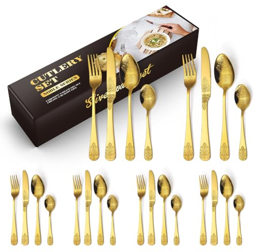 BILLION DUO 24 Piece Cutlery Set in Gold Colour Service for 6, Stainless Steel Flatware Serving Set, Durable & Dishwasher Safe Tableware Forks, Knives, & Spoons, Ideal for Home, Parties & Gifting
