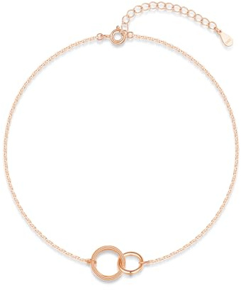 Glintara Sillber vristlänk för kvinnor, 925 sterlingsilver fotlänk, dubbelring sommar strand fotkedja, fotledsarmband fotspänne med gren + blad, justerbar vattentät ankelkedja, Sterlingsilver