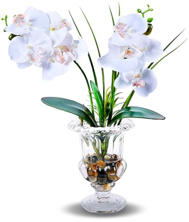 Alyphyly Artificial Flower Bonsai with Wine Glass Vase Vivid Orchid Flowers Arrangement Phalaenopsis Flowers Pot for Home Office Décor Table Centerpiece House Decorations(Glass Vase/White Orchid)