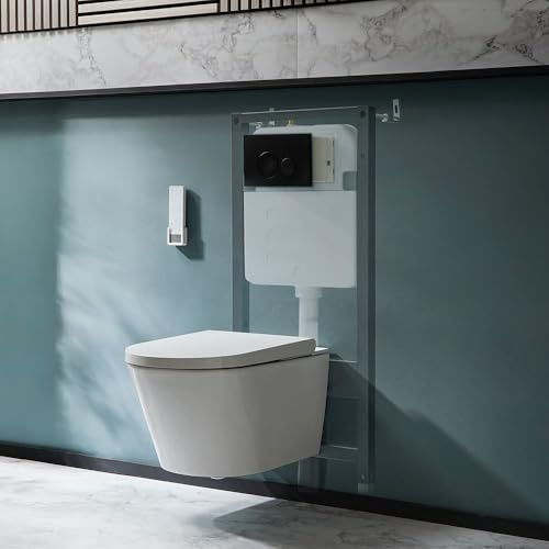 Milano Luxus White Wall Hung Japanese Bidet Toilet Tall Frame Cistern - Black Round Plate