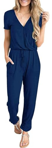 CLOUSPO Women Ladies Playsuit Jumpsuits Dungarees for Women Casual Short Sleeve Adjustable Waistband Romper with Pockets (Blue, L)