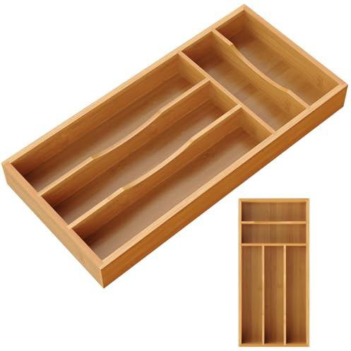 Small Silverware Organizer, Bamboo Kitchen Drawer Cutlery Organizer, Utensil Holder, Flatware Organizer Tray (14.2x6.7x1.6)