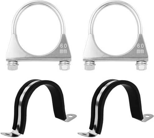 Lot de 2 colliers de serrage en U pour tuyau d'échappement en acier galvanisé - 60 mm - Avec 2 colliers de serrage en U - Avec plaque d'écrou - Pour raccords de tuyaux