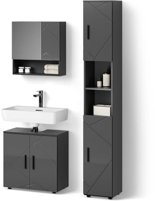 Livinity Badmöbel-Set Ronco Anthrazit Hochglanz | 3 Teile, mit Hochschrank