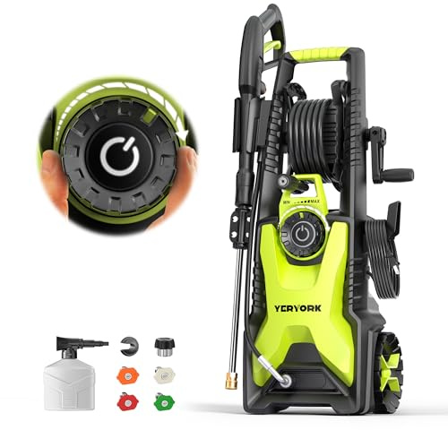 Pressure Washer, 2 Max GPM Power Washer with 33 FT Hose Reel, Steel Wand, 500ml Foam Cannon, 4-Nozzle Set, Electric Pressure Washer for Cars, Fences, Patios