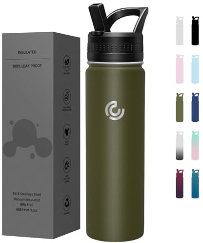 COKTIK 22oz Sports Water Bottle, Stainless Steel Water Bottle for Insulated, Reusable Travel Bottle, With Straw, With Handle Grip for Easy Carrying, Suitable for Cycling, Outdoor Vacations(Army Green)
