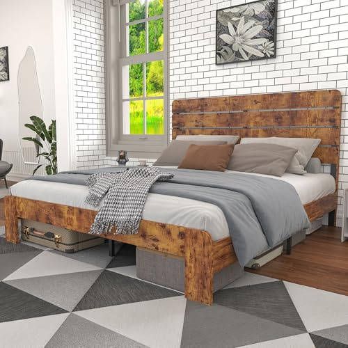 Arhatreya Holzbett 140x200 cm, Doppelbett Holzbettgestell mit Eisenlattenrost und Hohem Kopfteil, Bett für Erwachsene Schlafzimmer (Ohne Matratze)