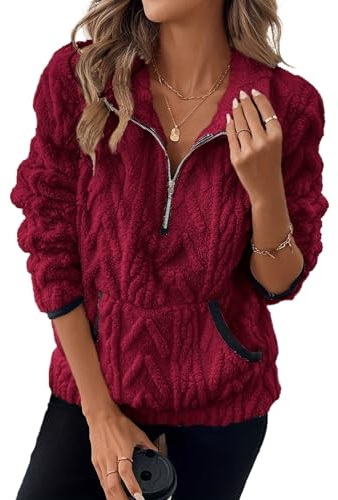 RUISHH Mujer Jersey de Polar Chaqueta Jacquard con Cuello Alto Sudaderas Otoño Invierno Suéter con Cremallera y Bolsillos Rojo L
