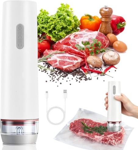 Envasadora al vacío blanca, pequeña, manejable, portátil, portátil, portátil, selladora al vacío para alimentos, 40 kPa fuerza de succión al vacío, sin BPA, para cocina y viajes, 180 × 45 × 45 mm
