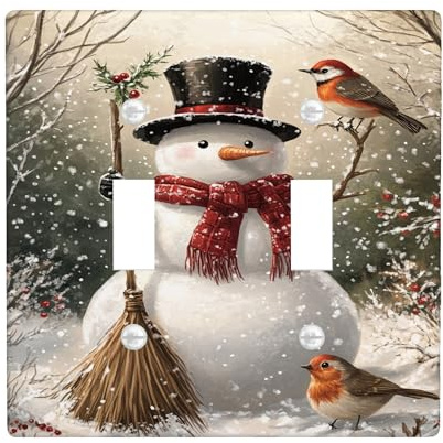 Snow Man Double Light Switch Cover Plate, Winter Festive Bird Broom Christmas White Plastic Standard Size Switch Plate Decorative for Home Living Room Bedroom Bathroom Decor