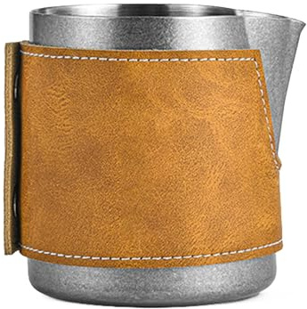 Homeponnew Pichet à mousse de lait en acier inoxydable avec gaine en cuir, 450 ml/500 ml, design sans poignée pour latte art précis et expresso, outil de barista pour usage domestique et professionnel