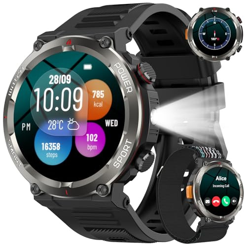 Baolubao Militär Smartwatch für Herren und Damen, 2,01 Zoll HD, Akku 900 mAh, Bluetooth-Anrufe, LED-Lampe, Herzfrequenz & SPO₂, Schlaf-Tracking, 100 + Sportmodi, 2 Armbänder inklusive, Android iOS