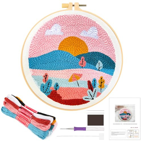 JSRQT Landschafts Punch Needle Stickerei Set Anfänger Erwachsene, Kreuzstich Starterset mit Werkzeug, Handgefertigtes Stickenset, Einfache Punch Needle Kit mit Anleitung, Garnen und Stickrahmen