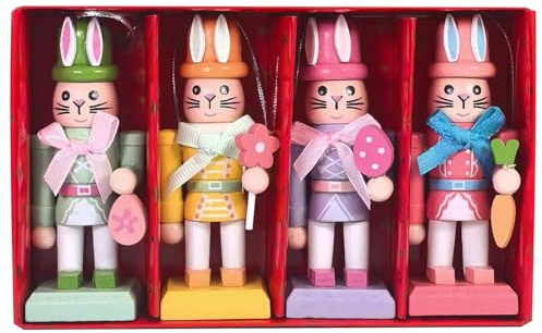 4 cascanueces de conejo de Pascua (10,5 cm) – Figuras tradicionales de conejo de madera para decoración de primavera | Decoraciones de mesa de Pascua pintadas a mano para chimenea, estante y oficina |