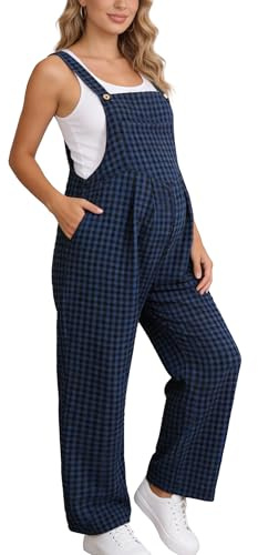 FEOYA Maternity Dungarees Women Plaid Rompers Button Straight Wide Leg Loose Fit Rompers Outdoor Casual Sleeveless Halter Overalls S-XXL