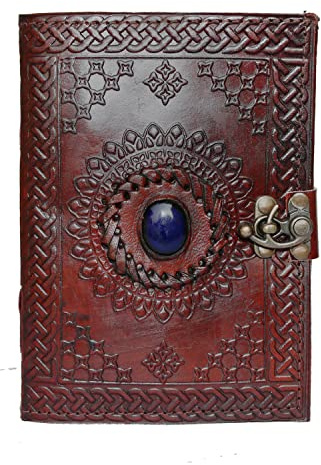 Jaald 18 cm Notizblock Notizen Notizbuch Seiten Handgemacht Album Tagebuch Leder mit Lederbezug Geschenke Antik Keltische Schliesse blauer Stein Kleine