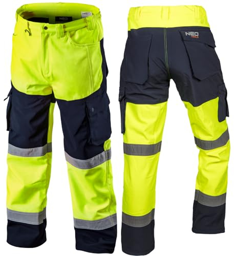 NEO TOOLS Herr vattentäta varningsskyddsarbetsbyxor softshell eller set med fleecejacka (orange/gul) | byxor vattentäta (vattenpelare 8 000 mm), varm, lätt, byxor av fleecefoder, S–3XL
