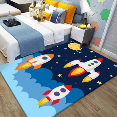 Judy1980 Tapis Astronaute Univers de BD Planète - Tapis de Salon Antidérapant Bleu Noir Lavable (80x160cm)