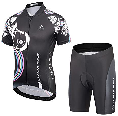 LSHEL Kinder Radtrikot Set, Jungen Radbekleidung Anzüge, Quick Dry Mädchen Radsportanzug, Fahrradtrikot Kurzarm und Radhose mit 3D Sitzpolster für Radfahren MTB, Schwarz, S