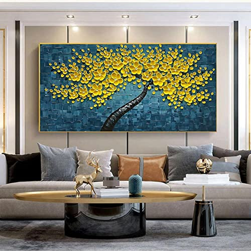 Grandi Dimensioni Astratta Oro Albero della Vita Albero dei Soldi Pittura A Olio su Tela Wall Art Poster Stampe con Cornice Dorata Immagini a Parete 75x150 cm/(30x59 Pollici) con-Cornice Dorata
