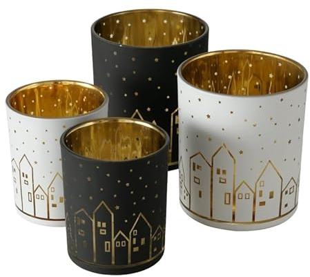 4 STK Windlichter Town schwarz Weiss Gold Farben Glas Kerzenhalter b905 Deko Teelichthalter Häuser Dekohäuser Geschenkset Weihnachtsdeko Gartendeko