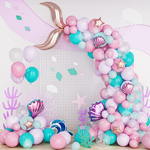 Kit Arco Palloncini Sirena, 108 pezzi Rosa Verde Acqua Viola Pastello Coda Sirena Ghirlanda Palloncini Lattice Con Stella Conchiglia Per Ragazza Tema Compleanno Decorazioni Feste La Sirenetta