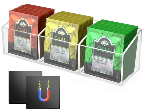 NiHome Organiseur magnétique acrylique trois compartiments, rangement polyvalent sachets de thé et petits articles, design élégant durable