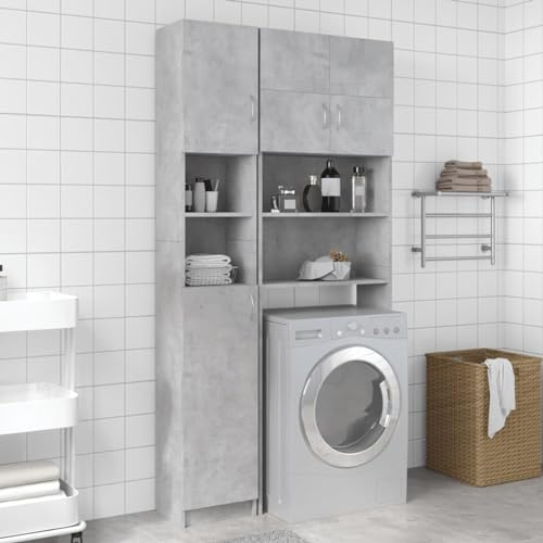 Gecheer Armadio da Bagno Grigio Cemento 32x25,5x190 cm in Truciolato, Scaffale Sopralavatrice Con Ripiani, Mobile Bagno Salvaspazio, Mobile Sopra Lavatrice