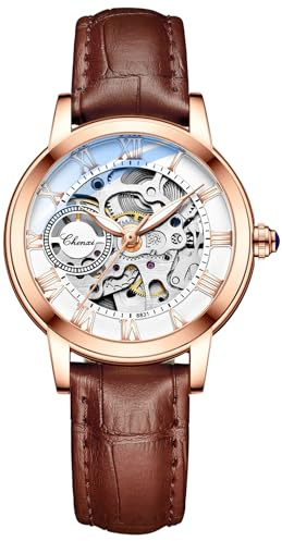 MASTOP Damen-Saphir-Uhren, automatisch, Steampunk, selbstaufziehend, mechanisches Goldarmband, Skelett-Armbanduhr, Lederarmband für Damen, Famale, Braun, Gold, Classic