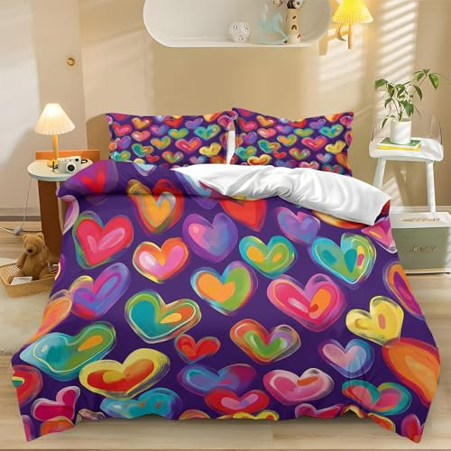 Copripiumino Cuore Astratto A Forma Di 260 cm x 220 cm Colorato, Set Di Biancheria Da Letto Di Facile Manutenzione Con 2 Federe Per L'Autunno, Copripiumini Stampata Con Chiusura A Cerniera