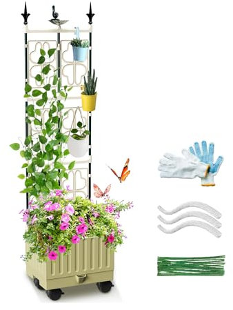 MQJIAZHI Raised Garden Bed with Metal Trellis, 56IN/143CM Self-Watering Raised Garden Bed Trellis Planter with Wheels, Outdoor Raised Planter for Climbing Plants, Fruits, Vegetables, Flowers