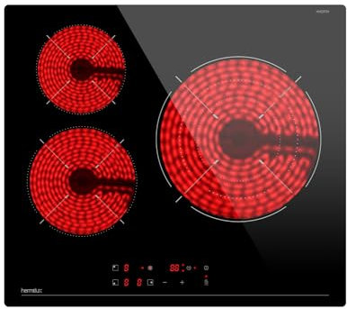 Hermitlux Placa Vitroceramica 3 Fuegos 59cm, 9 Niveles, 6600W, Touch Control, Temporizador, Apta para Todas las Ollas