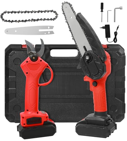 Juego de motosierra y tijeras de podar con batería de 21 V, motosierra de 6 pulgadas y batería de 25 mm con 2 baterías de 21 V 2600 mAh para jardín y bosque
