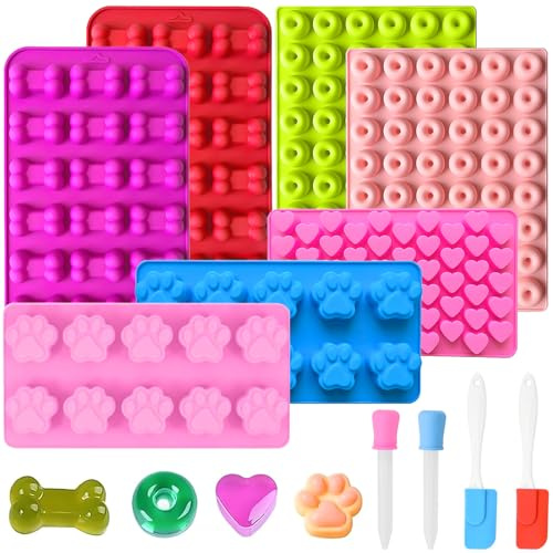 YOUNGSAY 7 Stück Backmatte Hund, BPA-Frei Hundebackmatten Silikon, Hundeleckerli Backmatte mit 2 Tropfer und 2 Schaber für DIY Hundekekse und Leckerlis (4 Formen)